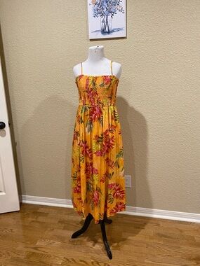 Maurices Yellow Floral Smocked Midi Dress with Pink & Green Print